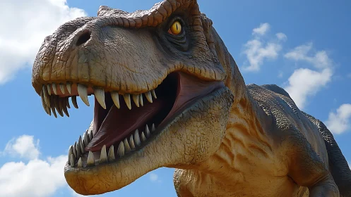 Roaring Tyrannosaurus rex model fills bright blue sky frame