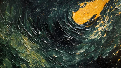 Abstract swirling oil painting with dark green and yellow highlights.