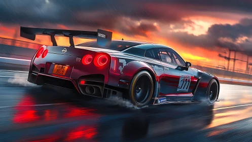 Racing GT sports car powers through wet track at sunset