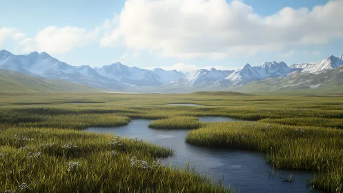 Subalpine wetland meadow with meandering meltwater stream