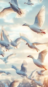 Photorealistic vertical study of white geese in luminous flight.