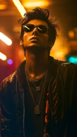 Stylized man in sunglasses stands under warm neon lighting