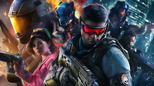 Tactical cyber-ops strike team in neon urban combat convergence.