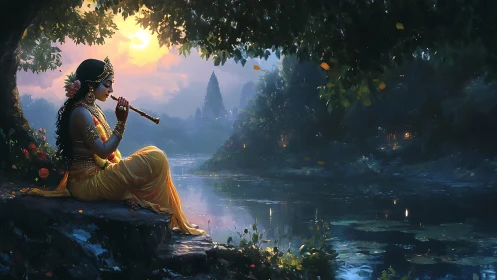 Moonlit riverbank goddess playing flute in ornate regalia