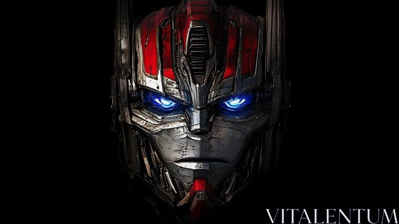 Chrome robot face glows with intense blue mechanical eyes