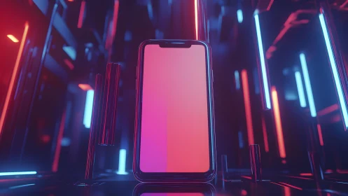 Futuristic smartphone display in neon-lit digital environment.