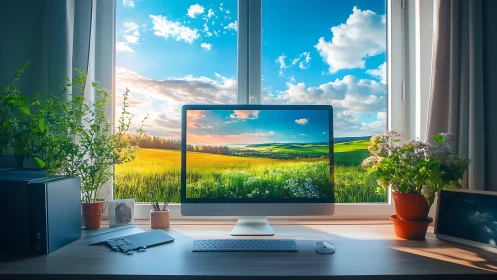 Desktop workspace faces window view of bright rural landscape