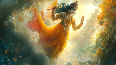 Mythic flute player in ornate attire amid luminous clouds.
