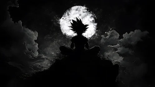 Anime warrior silhouette meditating under full moon