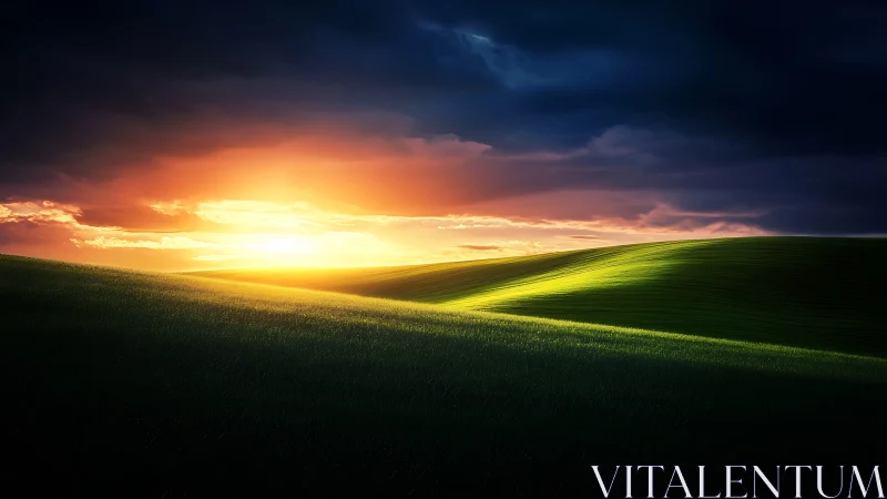 Sunset gradient illuminates rolling hills with dramatic chiaroscuro