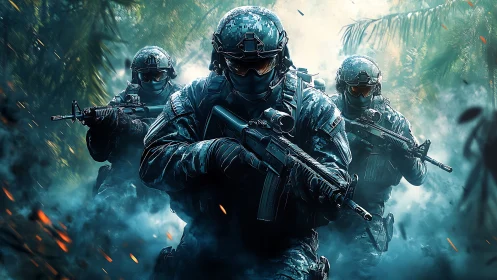 Tactical strike team advancing through dense jungle smoke.