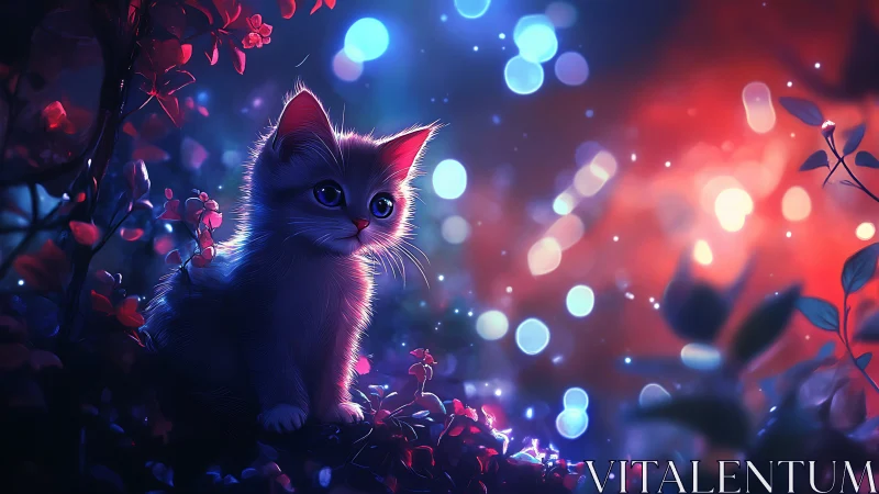 Luminous Cat Among Neon Flowers and Bokeh Light