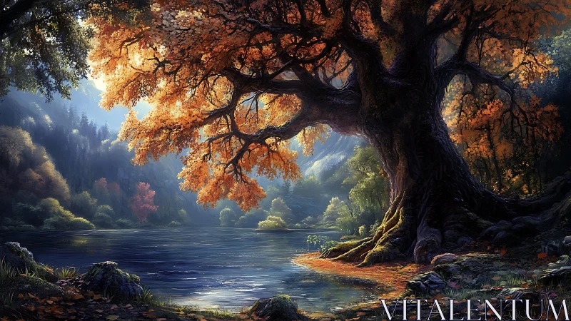 Large riverside tree in dense forest during autumn light.