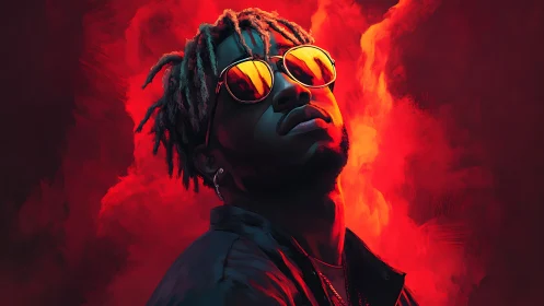 Stylish portrait in neon red smoke radiates bold attitude.