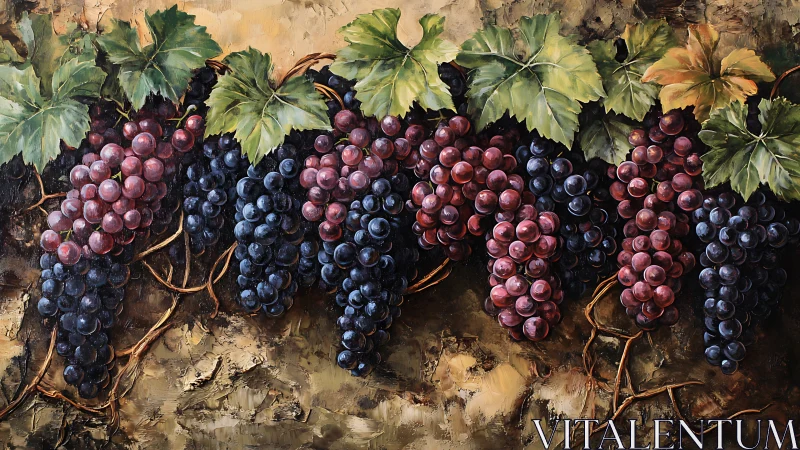 Rich grapevine still life with ripe purple and red clusters.