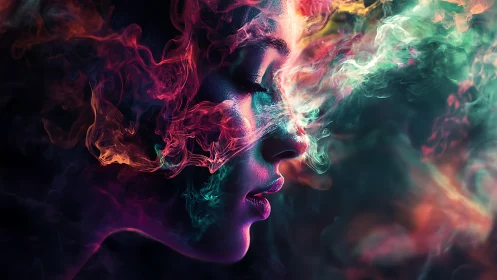 Profile of female face with multicolored smoke overlayed.