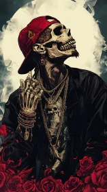 Confident skeleton in streetwear gazes up amid bold red roses