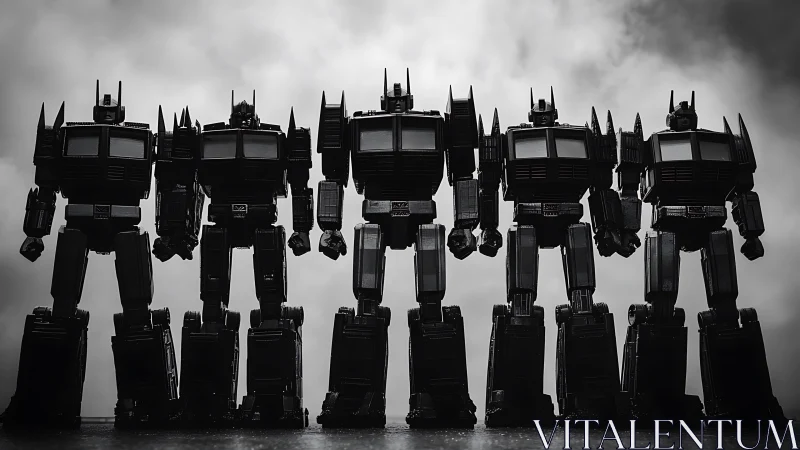 Silhouetted robot lineup forms a high-contrast dystopian tableau