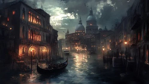 Nocturnal Venetian canal with gondola and illuminated facades