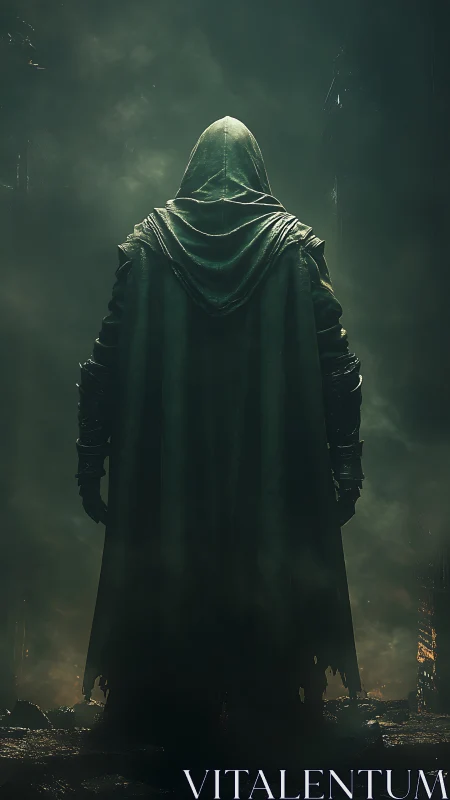 Hooded figure in tattered cloak within green volumetric fog