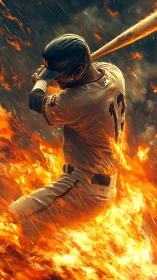 Baseball hitter engulfed in dynamic inferno brushwork.