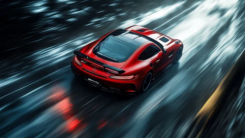 Red AMG sports car slices through rain-soaked highway night