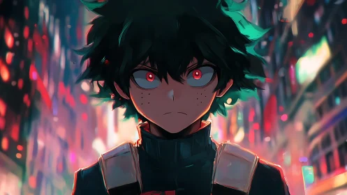Intense anime hero stands defiant amid neon city lights.