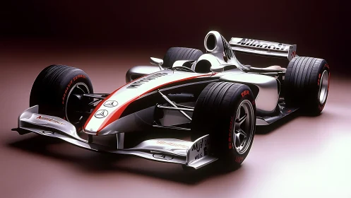 Silver Formula racing car render on neutral studio floor.