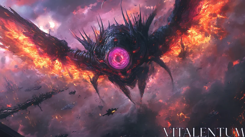 Colossal cosmic war machine with flaming wings descends.