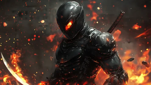 Armored cyber ninja in black suit amid rising flames.