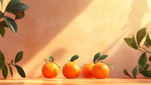 Sunlit oranges rest against warm textured pastel wall