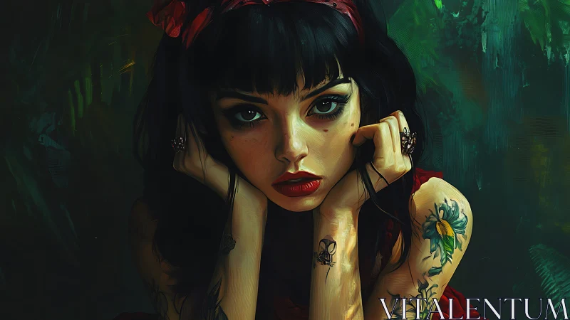 Tattooed gothic muse under emerald painterly lighting.