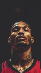 Arena-lit resolve on a tattooed baller’s focused stare.