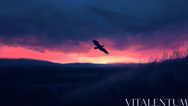 Solitary bird crosses vivid horizon under brooding dusk sky