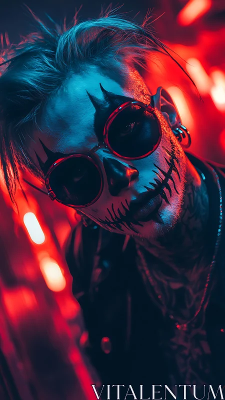 Cyberpunk portrait with neon skull makeup and oblique framing.