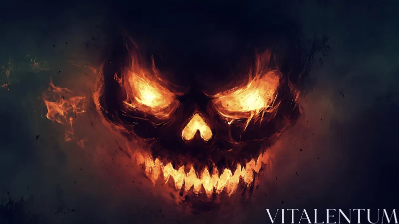 Flaming demonic skull glares from darkness with burning rage