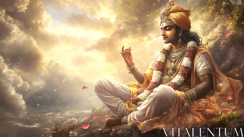 Serene divine figure resting in radiant celestial clouds.