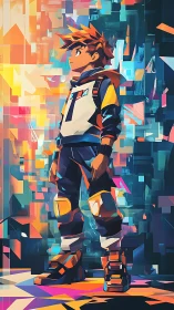 Young cyber adventurer stands amid neon geometric city light