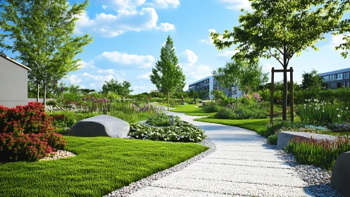 Sunlit garden path winds gently through a calm green park
