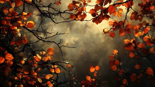 Autumn Branches Framing Soft Light, Impressionist Digital Art.