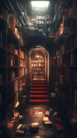 Narrow library corridor with red stairway and bookshelves.