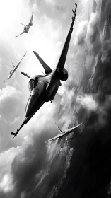 Four modern fighter aircraft maintain formation over clouds