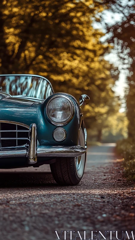 Vintage roadster front detail parked on a tree-lined lane