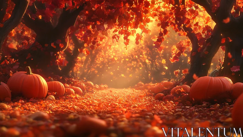 Glowing pumpkin path beneath a golden autumn canopy.