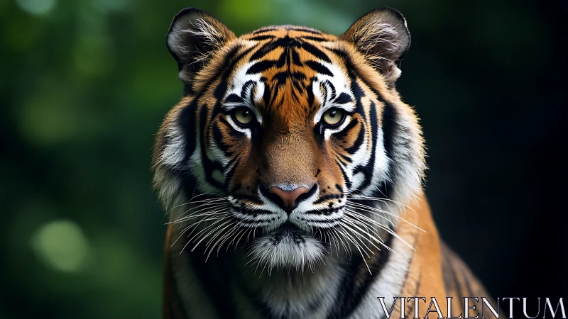 Symmetric frontal portrait of Bengal tiger in soft forest bokeh