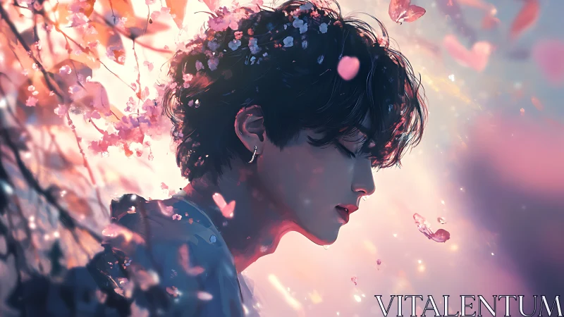 Backlit profile portrait of youth amid drifting cherry petals