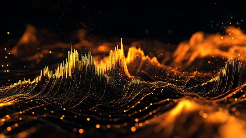 Glowing particle landscape forms dynamic digital waveform