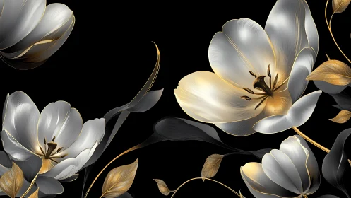 White Flowers with Gold Accents Against Black Background.