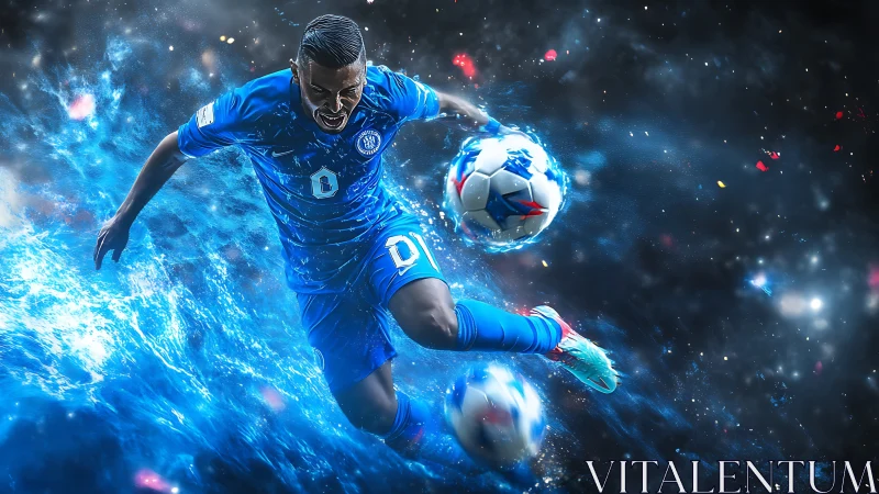 Electric blue soccer striker in explosive motion storm.