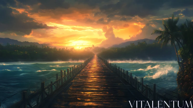 Linear wooden bridge bisects stormy river under volumetric sunset sky